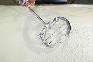 Cheesemaker breaks the curd
