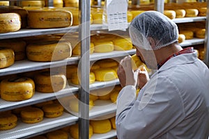 Cheesemaker checking ready product in a storage room