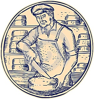 Cheesemaker Cutting Cheddar Cheese Etching