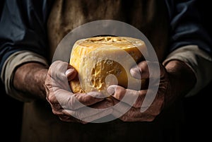 Cheesemaker holding cheese food person. Generate Ai