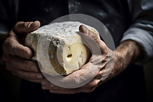 Cheesemaker holding organic cheese. Generate Ai