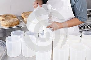 Cheesemaker pours the curdled milk into the plastic forms