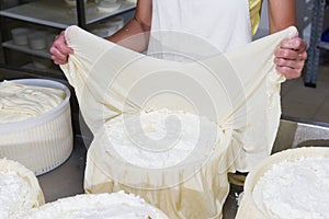 Cheesemaker preparing fresh cheese