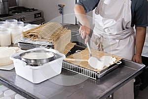 Cheesemaker puts fresh cheese on the rush for a typical process