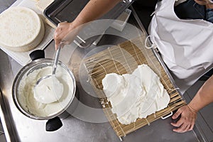 Cheesemaker puts fresh cheese on the rush for a typical process