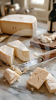 A cheesemaker's studio with blocks of fresh cheese and tasting photo