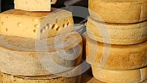 Cheeses and aged cheeses on sale in the food market