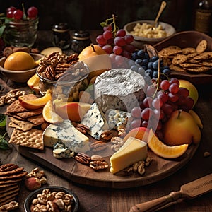 cheeses contrast with the crispness of the fruits and crackers, illustration, Generative AI