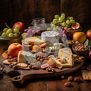 cheeses contrast with the crispness of the fruits and crackers, illustration, Generative AI