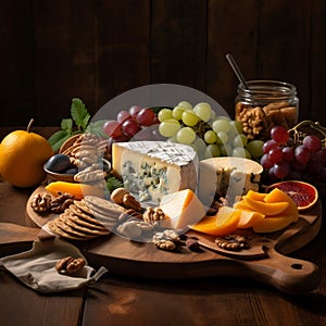 cheeses contrast with the crispness of the fruits and crackers, illustration, Generative AI