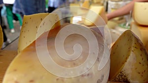 Cheeses at a Farmers Market in Amsterdam. Slow Motion