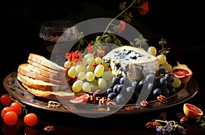 Cheeses mix set dor blu chedar camamber brie, grapes and snacks