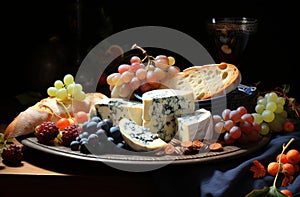 Cheeses mix set dor blu chedar camamber brie, grapes and snacks