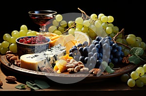 Cheeses mix set dor blu chedar camamber brie, grapes and snacks