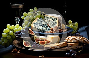 Cheeses mix set dor blu chedar camamber brie, grapes and snacks