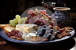 Cheeses mix set dor blu chedar camamber brie, grapes and snacks