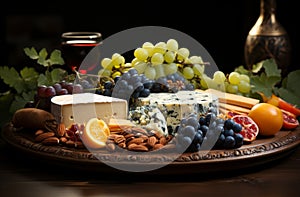 Cheeses mix set dor blu chedar camamber brie, grapes and snacks