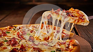 Cheesy bacon pizza slice lifted on wooden background