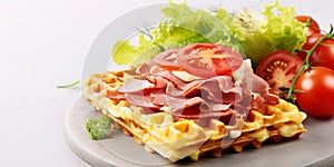 Cheesy belgian waffles served with ham tomatoes and lettuce corn 2