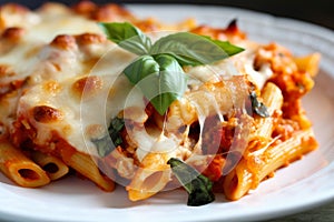 Cheesy and Delicious Baked Ziti Close-up with Golden Brown Cheese Crust and Fresh Basil Garnish