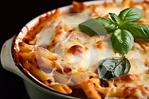 Cheesy and Delicious Baked Ziti Close-up with Golden Brown Cheese Crust and Fresh Basil Garnish