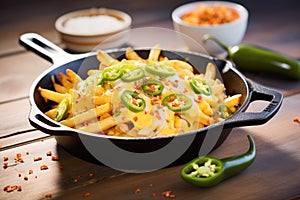 cheesy fries with jalapenos on a skillet
