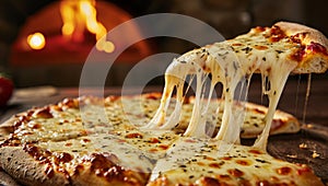 Cheesy mozzarella pizza slice pulled on wooden table with oven fire in background