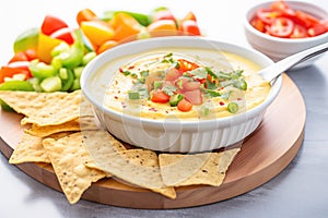 cheesy queso dip in a white bowl with a spoon