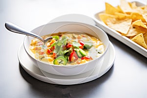 cheesy queso dip in a white bowl with a spoon