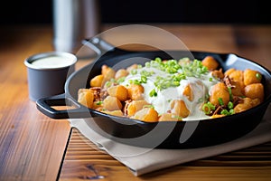 cheesy tater tots in a skillet, melted cheese visible