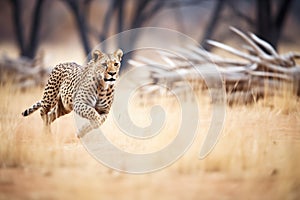 cheetah accelerating towards zebra herd
