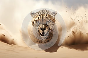 Cheetah Acinonyx jubatus in the sand, Cheetah in a sand storm. 3d render illustration, AI Generated