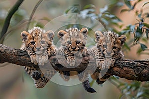 cheetah Baby group of animals hanging out on a branch, cute, smiling, adorable Generative AI