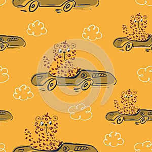 Cheetah car race funny cool summer t-shirt seamless pattern. Road trip vacation print design. Beach sports