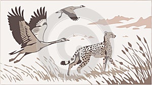 Cheetah and cranes, wildlife chase vector design Generative AI photo