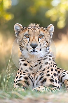 Cheetah cub resting in grass looking at camera