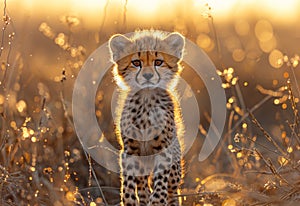 Cheetah cub standing in the grass and looking at camera