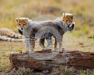 Cheetah cubs play with each other in the savannah. Kenya. Tanzania. Africa. National Park. Serengeti. Maasai Mara.