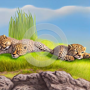 Cheetah Cubs Sleeping in Savanna Plains AI Generative