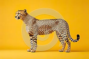 Cheetah full body, studio shoot concept on yellow solid background