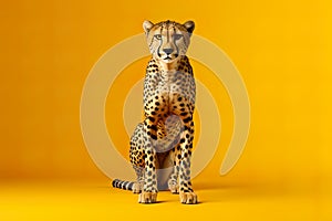 Cheetah full body, studio shoot concept on yellow solid background