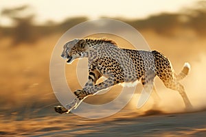 Cheetah in Full Sprint at Sunset, AI Generated