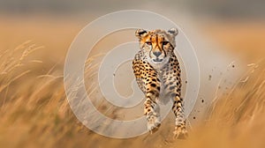 Cheetah in full stride on masai mara grasslands, sharp eyes, realistic dust clouds