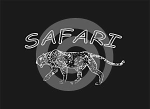 Cheetah. Hand drawn ink sketch. Horizontal drawing. Vector engraving. Predator line art. White line illustration isolated on black photo