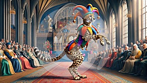 Cheetah in jester costume performing at court
