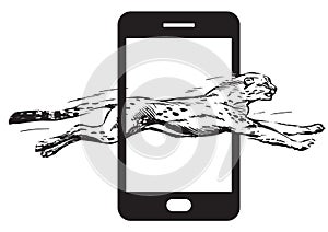 Cheetah jumping through screen of smartfon. Concept of fast internet Vector