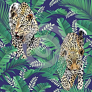 Cheetah and leopards palm leaves tropical watercolor in the jungle seamless background.