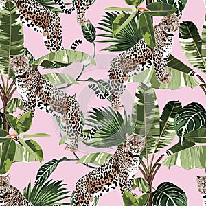 Cheetah and leopards palm leaves tropical watercolor style in the jungle seamless vector background.