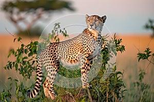 cheetah on lookout, sunset softening savanna