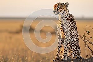 cheetah on lookout, sunset softening savanna